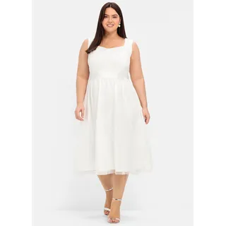 Abendkleid SHEEGO "Abendkleid", Damen, Gr. 46, Normalgrößen, weiß (sanftes weiß), 100% Polyester, Rüsche:100% Polyester, Unterrock:100% Polyester, unifarben, wadenlang, eckiger Ausschnitt, Kleider Abendkleid