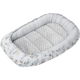 Medi Partners Babynest Nestchen für Neugeborene - 100x60x15 Babynestchen Baby zweiseitg Nest Bett 100% Baumwolle Minky Kuschelnest tragbar (Hirsch in Blättern mit Minky Grau)
