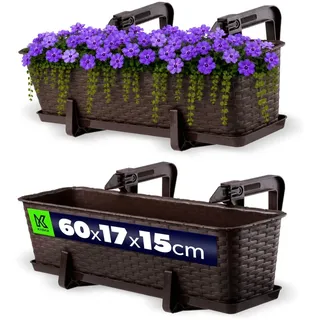 KADAX Blumenkasten 60 cm Braun mit Halterungen & Untersetzer, Rattan-Optik – Pflanzkübel für Balkon oder Terrasse, wetterfester Balkonkasten