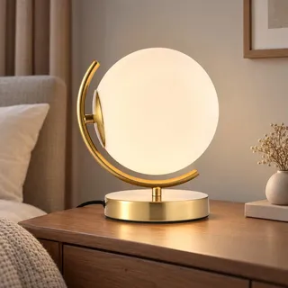 Alighting Tischlampe Gold, Opalglas Kugelleuchte Innen Ø18 cm | Nachttischlampe Kugel Vintage Tischleuchte für Schlafzimmer , Wohnzimmer, E14