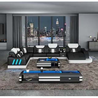 Ecksofa U-Form Couchtisch Polster Garnitur Wohnlandschaft Design Ecksofa Led - Schwarz