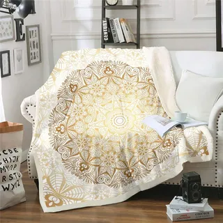 Boho Mandala Decke 150x200cm Schickes Kuscheldecke böhmischen Stil für Teenager Luxus Golden Weiß Mandala Dekor Wohndecke Exotisches Blumenmuster Flanell Fleecedecke