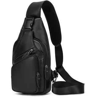 newsbirds Herren Echtes Leder Brusttasche Umhängetasche Sport Outdoor Messenger Bag Wanderrucksäcke, 9455 schwarz