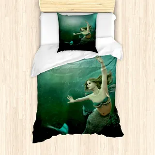ABAKUHAUS Meerjungfrau Mantele, Mermaid Undersea, Milbensicher Allergiker geeignet mit Kissenbezügen, 135 cm x 200 cm - 80 x 80 cm, Jade-Grün Teal Elfenbein