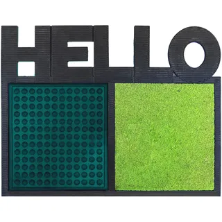 fisura. DM1366 Rechteckige Fußmatte Hello Grün und Schwarz Gummi Polypropylen Kokosfaser H 1,5 x 51 x 65 cm