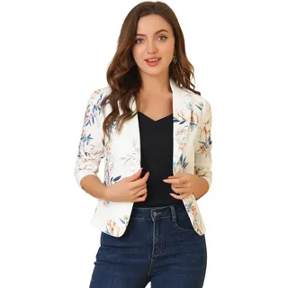 Allegra K Damen-Blazer mit offener Vorderseite, für Büro, Arbeit, Geschäft, Freizeit, Sommer, bauchfrei, leicht, weiß-blumig, M