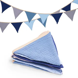 jijAcraft Wimpelkette Kinderzimmer Blau Grau, 2.8M Stoff Wimpelkette aus Musselin Baumwolle, Doppelseitig Stoffgirlande Kinderzimmer Deko Junge, Girlande Kinderzimmer für Fenster, Babyzimmer