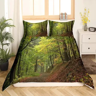Loussiesd Wald Bettwäsche Set 135x200 cm Herbst Wald Baum Bettbezug Set Bäume Nebelig Drucken Bettwäsche mit 1 Kissenbezügen Weiche Mikrofaser Reißverschluss Waldszene Betten Set Leichtgewicht