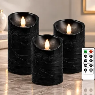 PinnWaa LED Kerzen, 3 Stumpenkerzen, Flammenlos, Flackernd, Schwarz | 10-Tasten-Fernbedienung, Timer 2/4/6/8 Std, Batteriebetrieb, Dimmbares Licht, Weihnachtsdeko, Hochzeit, Party und Tischdeko