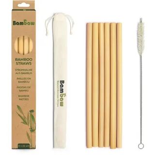 Bambaw Bambus Strohhalme 22 cm, 6er-Pack, Strohhalme Wiederverwendbar, Cocktail Strohhalme, Biologisch Abbaubarem Stroh, Inklusive Reinigungsbürste und Einzelnem Aufbewahrungsbeutel