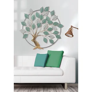 Gilde Casablanca Wandrelief Baum im Kreis Metall gewischt goldfarben hellgrün weiß rund 70x72 cm Baummotiv Wanddeko Kunst Wohnaccessoire Dekoration
