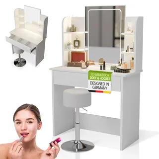 Juskys Schminktisch Zoey & Hocker Tonia Touch-LED-Spiegel, & Stauraum, moderne Oberfläche – Weiß