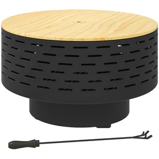 3-in-1 Feuerschale Ø60 x 39cm aus Edelstahl Feuerstelle mit Grillrost Schürhaken Funkenschutz in Holzoptik Feuerschalen Feuerkorb für Garten, Balkon Terrasse, Outdoor BBQ Camping Kohlegrau Aosom