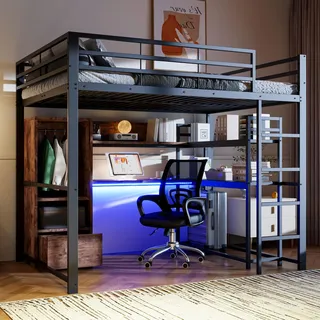 Sweiko Hochbett, 140x200cm , Metallbett, Mit LED-Leuchten, Schreibtisch, 1 Schubladen, Regale, Geländer, Treppe, ohne Matratze, Schwarz - Schwarz