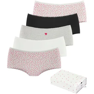 LASCANA Panty "Geschenk Box" 5er-Pack, mit süßen Herzchen-Prints und aus elastischer Baumwoll-Qualität, creme, grau, schwarz, rot