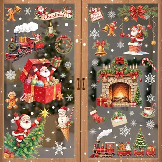 BBLIKE 9 Blätter Weihnachten Fensterbilder - Weihnachtsbaum Zug Doppelseitig Bedruckt Weihnachts Selbstklebend Fenstersticker, Geeignet für Winter Weihnachts Fenster Deko