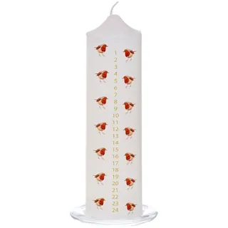 Weihnachten Advent Kerze Mit Robin Bild Auf Glas Tablett 20cm - Weiß
