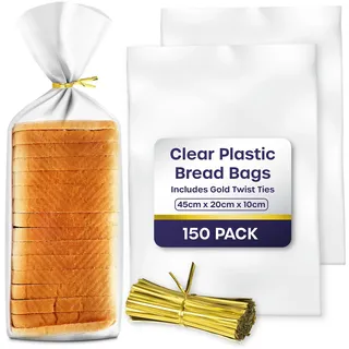 volila Brot Plastiktüten - Packung mit 150 Brottüten für Brotlaib, Brötchenbacken, Baguette-Brotbeutel, um Brot frisch zu halten - Brottüte mit goldenen Drahtbindern (45cm x 20cm x 10cm)