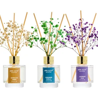 Airkeep Raumduft 50ml x3, Reed Diffuser mit Cinnamon Vanilla, Lavender Field, Moroccan Amber, Raum Duft mit 24 Duftstäbchen, Lufterfrischer für Badezimmer, Wohnung, Heimdekoration