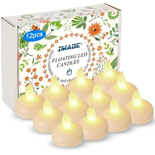 IMAGE 12 Stück Schwimmende Kerzen, Flammenlose LED Teelichter wasserdicht Dekorative Kerzen für Hochzeit Party Spa Haus Pool, Teichdekorationen, Innen und Außen (Warm Weiß)