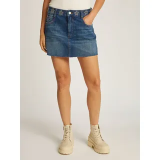 Jeansrock TOMMY JEANS "STUDDED DENIM MINI SKIRT AI9057", Damen, Gr. 28, blau (denim schwarz), Denim/Jeans, Obermaterial: 100% Baumwolle, unifarben, straight fit mini, Röcke Jeansrock, mit Strass-Details