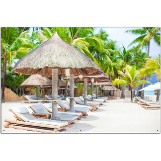 Wallario Outdoor-Poster für Garten oder Balkon, Motiv Weißer Sandstrand mit Liegen, in ca. 61 x 91,50 cm - Weiß