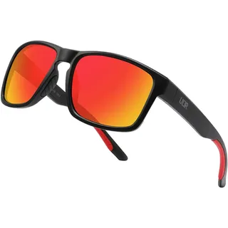 ULTR Sonnenbrille Herren Polarisiert VIBE - Sport Sonnenbrille für Damen - Bequeme Sportbrille Verspiegelt für Fahrrad, Sport, Laufen, Retro Sunglasses Men (Schwarz (Rotes Glas))