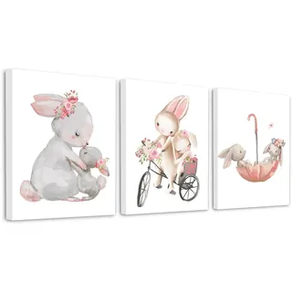 Zamety 3er Set Bilder Kinderzimmer Mädchen, Hase Poster Kinderzimmer, Leinwand Bilder Babyzimmer mit Rahmen, Kinderbilder für Schlafzimmer Wanddeko Wohnzimmer, 21 x 30 cm