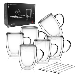 LIBWYS Doppelwandige Kaffeegläser 6x350ml mit Löffel, Cappuccino, Latte Macchiato Gläser, Teetassen Thermo mit Griff, Hitzebeständige Kaffeetassen Trinkgläser (6er Set)