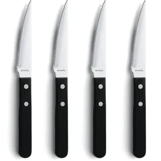 Amefa Pizza Steakmesser Set | 4-teilig | Klingenstahl | Kunststoffgriff Schwarz | Pizzabesteck | Grillbesteck | BBQ & Steak Besteck