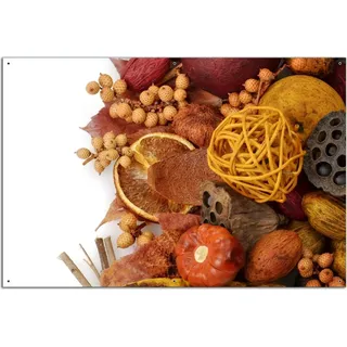 Wallario Outdoor-Poster für Garten oder Balkon, Motiv Herbststimmung - Trockenfrüchte, Nüsse und Samen - Herbstdeko, in ca. 61 x 91,50 cm - Weiß