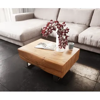 DELIFE Couchtisch New Live-Edge 80x60 cm Akazie Natur 2 Schubladen Kufe Edelstahl gebürstet - Hellbraun, Braun