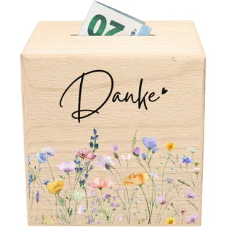 Trinkgeldkasse Wildblumen Danke Spardose aus Holz als Kaffeekasse