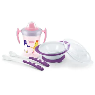 NUK Esslernset | Trainer Cup Trinklernbecher (230 ml) | Esslernschale & Fütterlöffel | ab 6 Monaten | BPA-frei | lila | 4 Teile