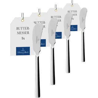 Villeroy & Boch - Piemont Buttermesser Platin, Spülmaschinenfest, Rostfrei, Besteck Silber, Messer, Essbesteck, Edelstahl (Packung mit 4)