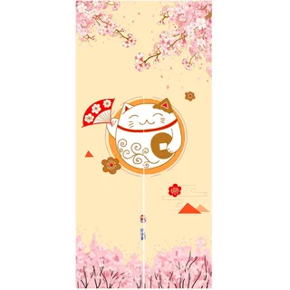 LIGICKY Japanische Stil Dick Noren Lang Vorhänge Raumteiler Türvorhang Raumteiler Tapisseri für die Heimtextilien, Gelb 85 x 180 cm (Fortune Cats und Kirschblüte)