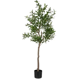 Relaxdays Olivenbaum künstlich, 150 cm hoch, Kunststoff, Stein, Kunstpflanze, Deko-Olivenbaum, Kunstbaum, grün/braun