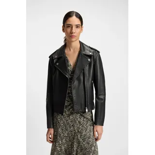 Lederjacke BOSS ORANGE "Sandy Premium Damenmode", Damen, Gr. 42, schwarz (schwarz 001), Obermaterial: 100% Büffelleder, unifarben, Jacken Lederjacke, mit genarbter Struktur