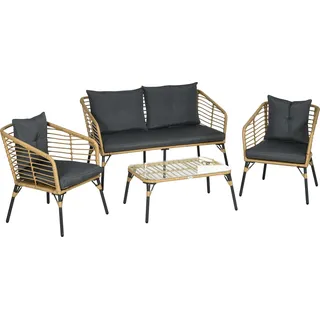 Fortuna Lai 4 tlg Gartenmöbel-Set Rattan Sitzgarnitur mit Kissen 3 Sessel 1 Couchtisch Balkonmöbel im Boho-Stil für 4 Personen Sand Dunkelgrau - Beige