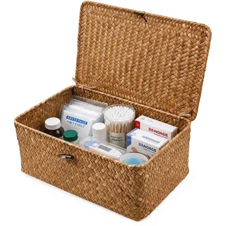 Aufbewahrungskorb aus Geflochtenem Rattan Korb Seegras Korb mit Deckel | Patentiertes Produkt Handgeflochten mit Stabilem Drahtgestell Wäschekörbe Make-up-Organizer für Badezimmer Küche Schlafzimmer