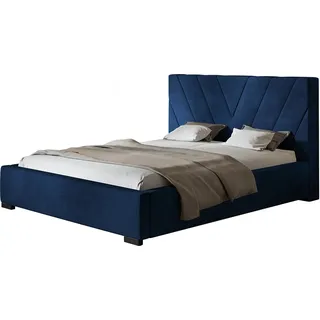 Polsterbett PALERMO mit Kopfteil, 140x200 cm, Doppelbett mit Bettkasten und Lattenrost aus Holz, Velourstoff Dunkelblau - Dunkelblau