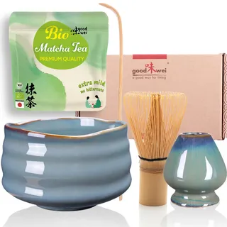 Goodwei Matcha Set mit BIO Matcha Pulver und hochwertiger Schale Chawan aus Keramik, Bambus-Matchabesen, Besenhalter, Matchalöffel Chashaku | Japanisches Teezeremonie Geschenkset (Menouseki)