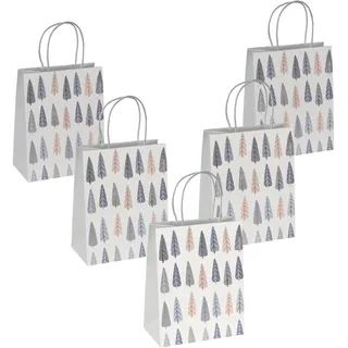 Sigel GT122/5 mittelgroße Premium Geschenktüten aus Papier, 5er Set, weiß/blau/gold, mit Papierkordelgriffen, 18 x 23 x 10 cm, Pine trees, Papier-Geschenktaschen Weihnachten