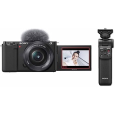 Sony Alpha ZV-E10 | APS-C spiegellose Vlog-Kamera (schwenkbarer Bildschirm für Vlogging, 4K-Video, Echtzeit-Augen-Autofokus) Schwarz + SEL1650 Objektiv + Handgriff