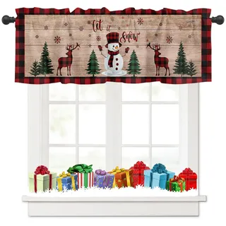 Tokusyou Weihnachten Scheibengardine Gardinen Deko Weihnachtsgardine Rot Vorhang Der Schneemann Weihnachtsbaum Hirsch Muster Blickdicht Bistrogardinen für Küche Wohnzimmer B 137 × H 45 cm