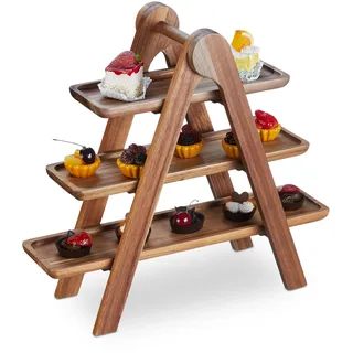 Relaxdays Etagere, 3 Etagen, Akazienholz, klappbares Gestell, HxBxT: 38 x 41 x 15 cm, rustikaler Servierständer, braun