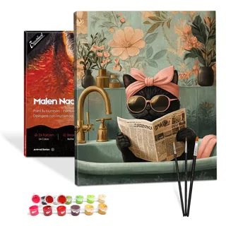 Bougimal Malen Nach Zahlen Erwachsene Tiere Mit Rahmen inklusive Pinsel und Acrylfarben - 40 x 50 cm, Lesende Katze 2