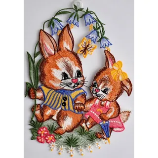 Stickereien Plauen Fensterbild "Fensterbild Osterhasen" Echte Plauener Spitze, bunt