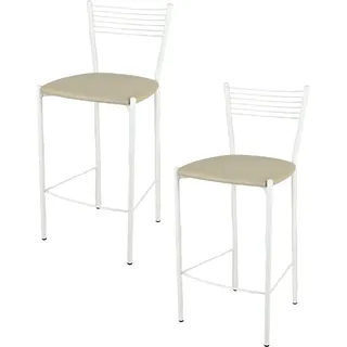 t m c s Tommychairs - 2er Set moderne Barhocker ELEGANCE für Küche und Esszimmer, robustes Gestell aus lackiertem Stahl, Farbe Weiß, gepolsterte Sitzfläche mit Kunstleder im Farbton Leinen bezogen - Weiß, Beige