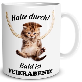 TRIOSK Tasse Katze lustig mit Spruch Halte Durch Katzenmotiv Geschenk für Arbeit Büro Katzenliebhaber Frauen Freundin Kollegin, Keramik 300ml